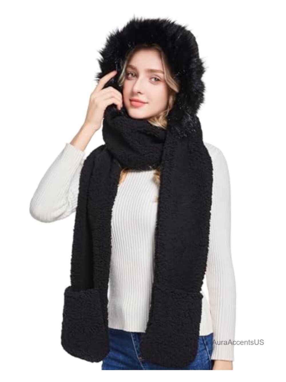 Faux Sherpa Hooded Scarf with Faux Fur Trim 3-in-1 Hat Gloves Set Winter